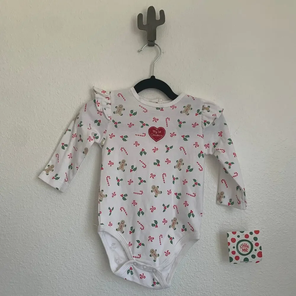 NWT Little Me My 1st Christmas Onesie Bodysuit Candy‎ Canes Holly Bows